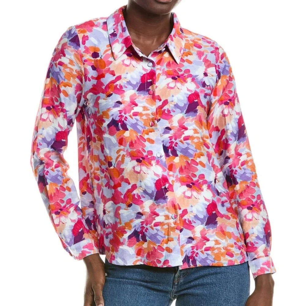 ANNA KAY Button Front Blouse Top Long Sleeve Spread Collar Abstract Print Blue L - Picture 2 of 11
